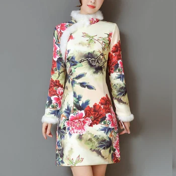 

Flower Print Chinese Style Dress Fashion Loose Side Split cheongsam Women Stand Collar Long Sleeve Straight Dresses