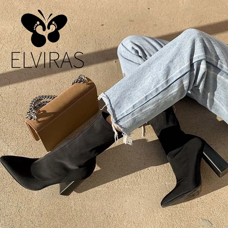 

ELVIRAS Fashion ankle elastic socks boots ladies autumn thick high heels elastic sexy boots pointed ladies high heels 35-42