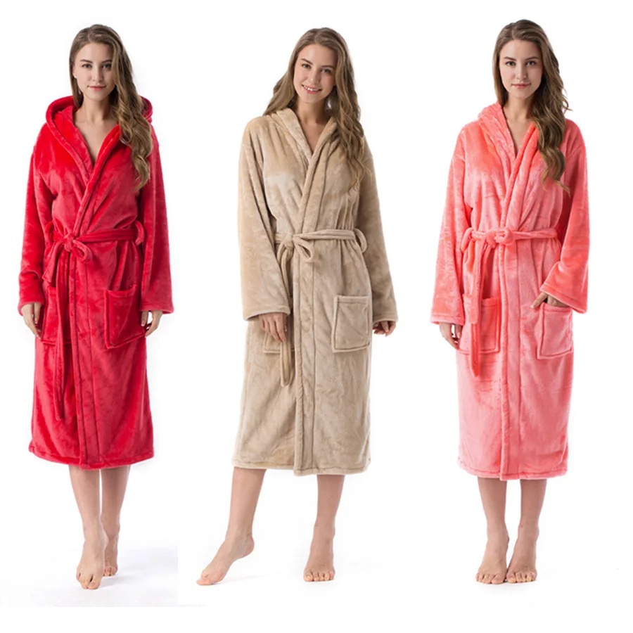 2020 Winter Kimono Robe Plush Fleece Bath Robes For Women Soft Warm Long Sleeve Hooded Nightgown Loungewear Sleepwear