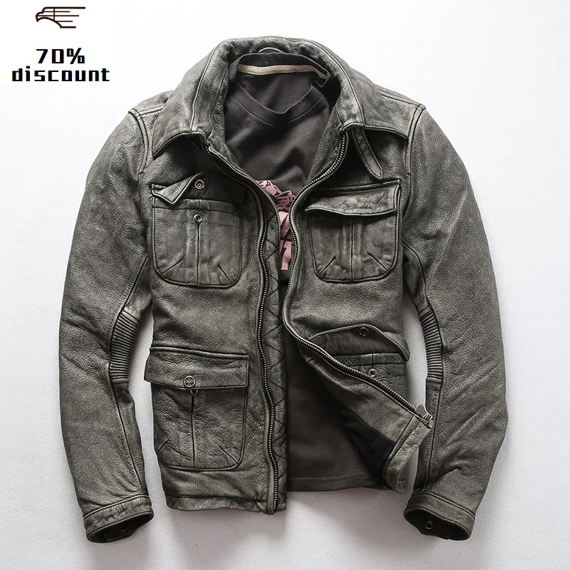 

2020 Vintage Grey Men Safari Leather Jacket Plus Size XXXXL Genuine Thick Cowhide Spring Natural Leather Coat FREE SHIPPING