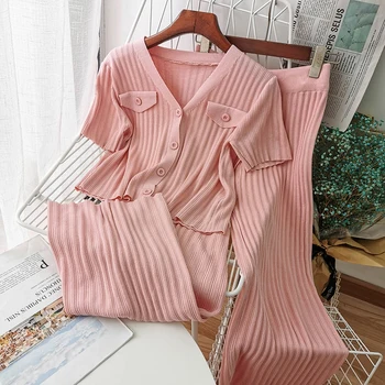 

Women Pink/Beige Knitted Two Piece Set Elegant V-neck Short Sleeve Single-breasted Knit Shirts And Wide Leg Pants 2pcs Set 2020