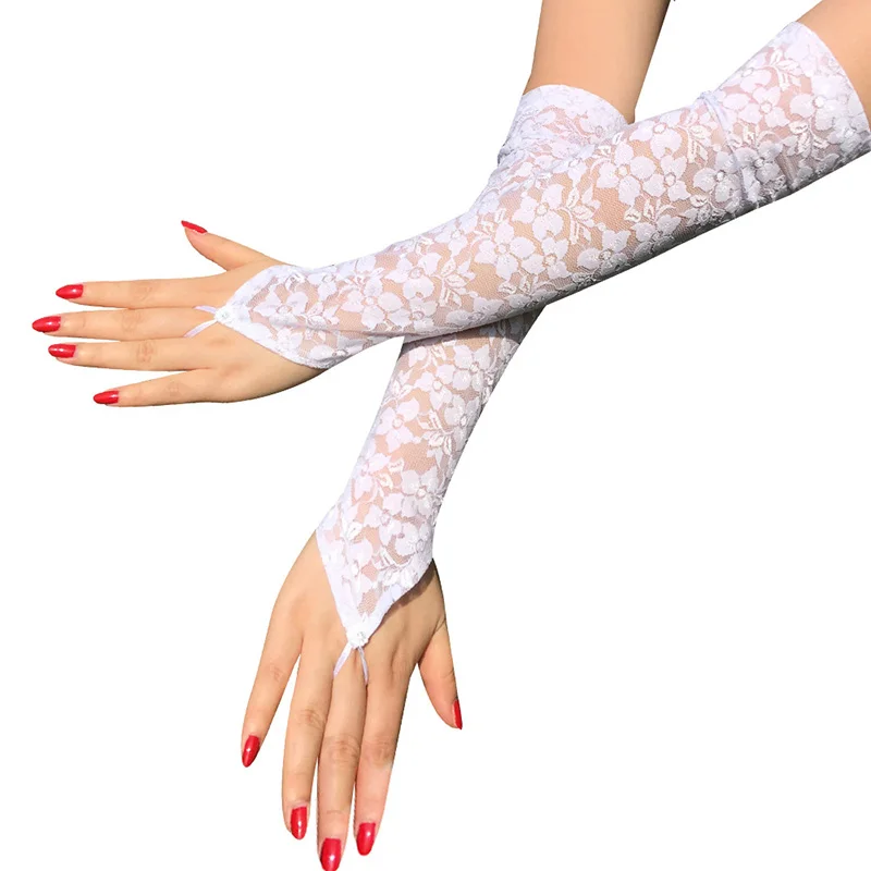 1 пара новейшие модные аксессуары для платья черные белые сексуальные кружевные длинные перчатки Женские варежки - Цвет: Белый