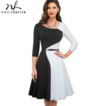 

Nice-forever 1950s Retro Contrast Color Patchwork Winter vestidos Business Party Flare A-Line Women Swing Elegant Dress A178