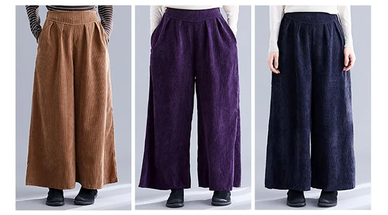 Mferlier Autumn New Corduroy Pants Women Solid Elastic High Waist Navy Blue Purple Brown Ladies Stylish Slim Wide Leg Pants