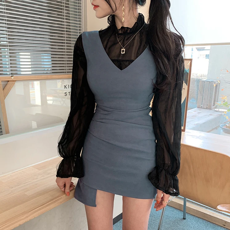 

Autumn Women Sexy 2 Two Piece Set Outfits Long Sleeve Ruffle Trim Slightly Transparent Blouses and Party Club Mini Bodycon Dress