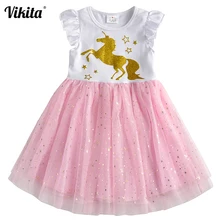 VIKITA платье для девочек с единорогом Принцесса платья vestido infantil Robe Fille, для девочек, вечерние платья с юбкой-пачкой для детей летние тапочки с единорогом платья