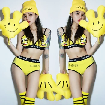 

European And American Nightclub Bar Party Jazz Dance Costumes Stage Wear Sexy DJ Female Singer Yellow Smiley Bikini Suit DWY2402