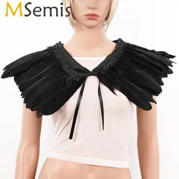 

MSemis Men Women Feather Shoulder Wrap Cape Shawl Gothic Black Feathers Scarf Shrug Halloween Maleficent Costume Accessories