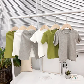 

2019 Summer Pajamas Suit Short Sleeve Ribbed Striped Cotton Boys Sleepwear Unisex Girls Kids Pyjama Children Baby Knit Pajamas