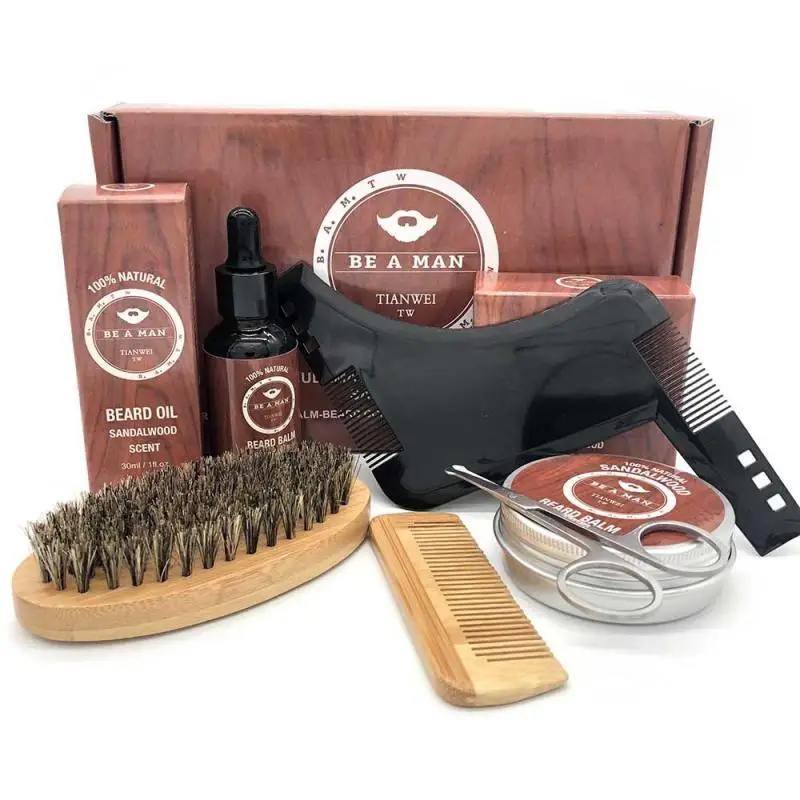 6pcs/set Men Barba Beard Kit Styling Tool Oil Comb Moustache Balm Moisturizing Wax Scissors Care Set | Красота и здоровье