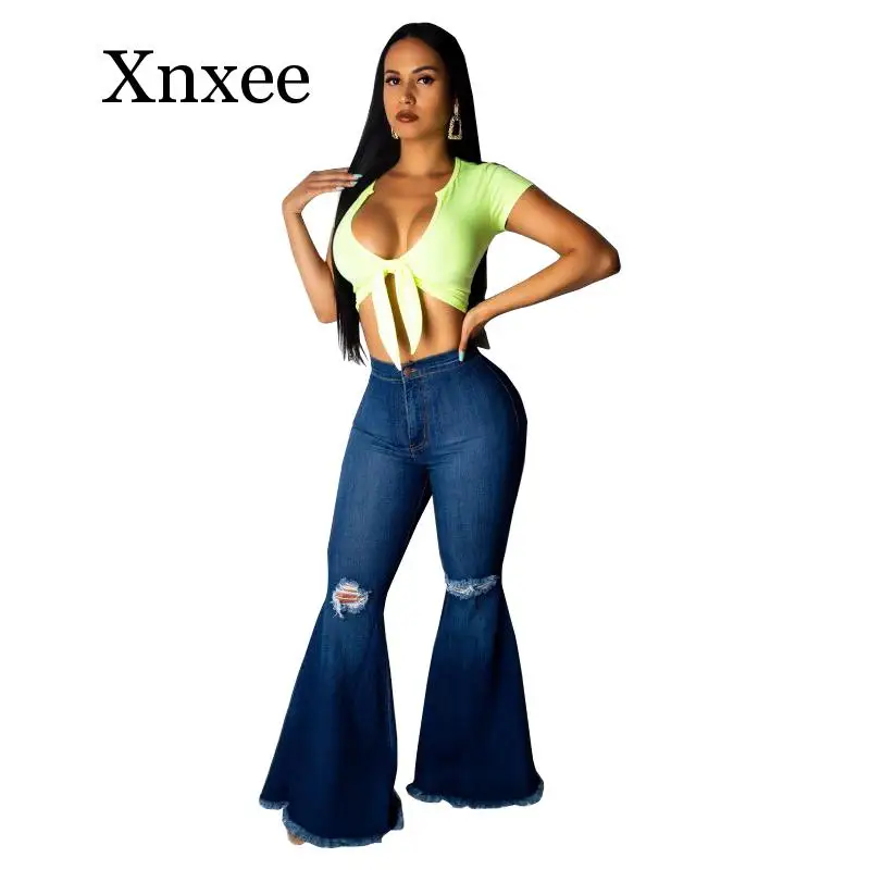 women high waist plus size solid casual elastic wide leg flare pants 2021 female leggings trousers draped jogger pant sweatpants Africa  Fashion Denim Flare Pants Women Retro Ripped Jeans Wide Leg Trousers Lady Casual Bell-Bottoms Flare Pant Female