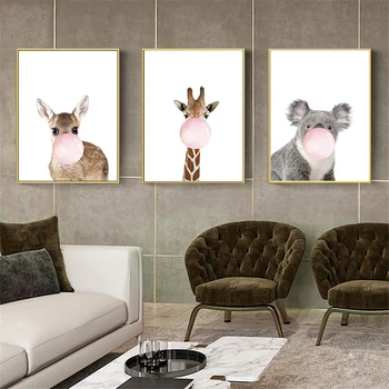 

Blowing Bubble Gum Canvas Painting Wall Art Print Poster For Nursery Home Decoration Lovely Giraffe Zebra Koala Animals