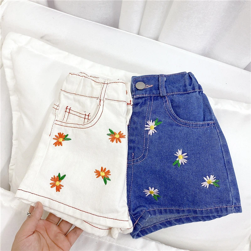 Pantalones vaqueros con flores para niñas, Vaqueros cortos banda elástica, con botones, verano, novedad|Pantalones AliExpress