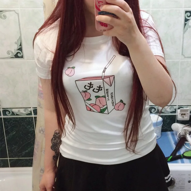 Merry Pretty Kawaii Белая футболка Peach Juice Japanses стильная женская летняя повседневная одежда tumblr модная футболка