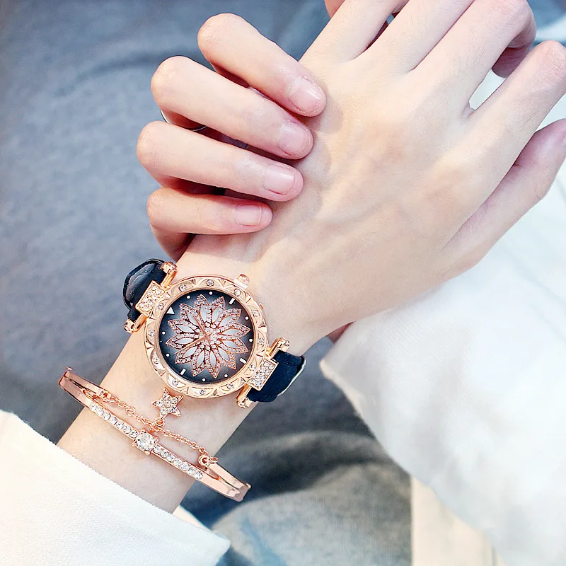 Женские часы, набор, звездное небо, женские часы-браслет, повседневные, кожаные, спортивные, кварцевые, наручные часы, Relogio Feminino