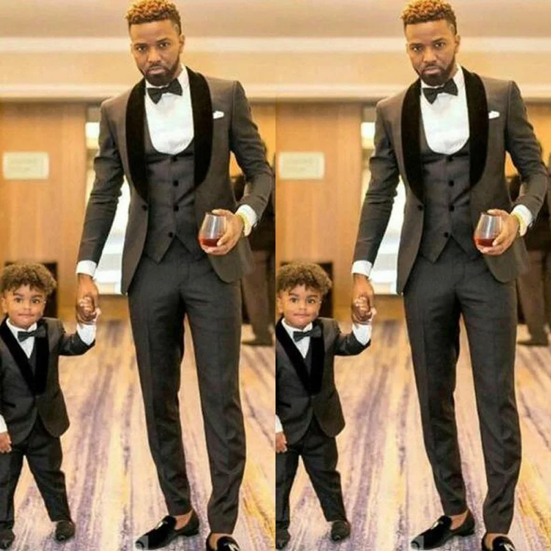 10High Quality One Button Charcoal Grey Groom Tuxedos Shawl Lapel Slim Fit Groom Best Man Suits(Jacket+Vest+Pant+Tie)
