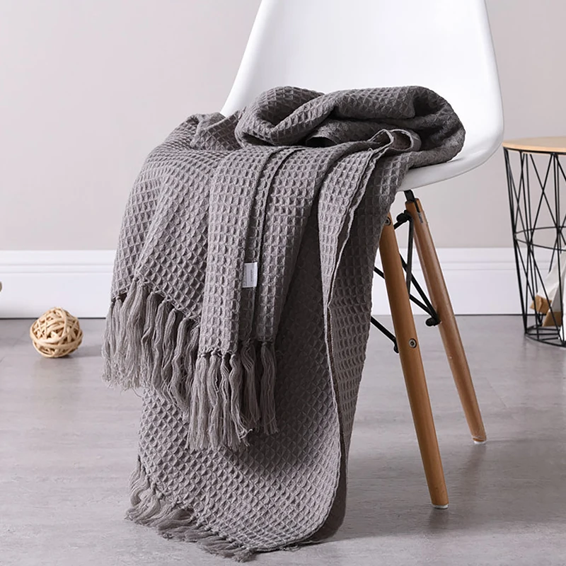Вязаное шерстяное одеяло, Одноцветный вафельный узорный плед, нордическая накидка на мебель для дивана-кровати, полотенце, накидка-пончо