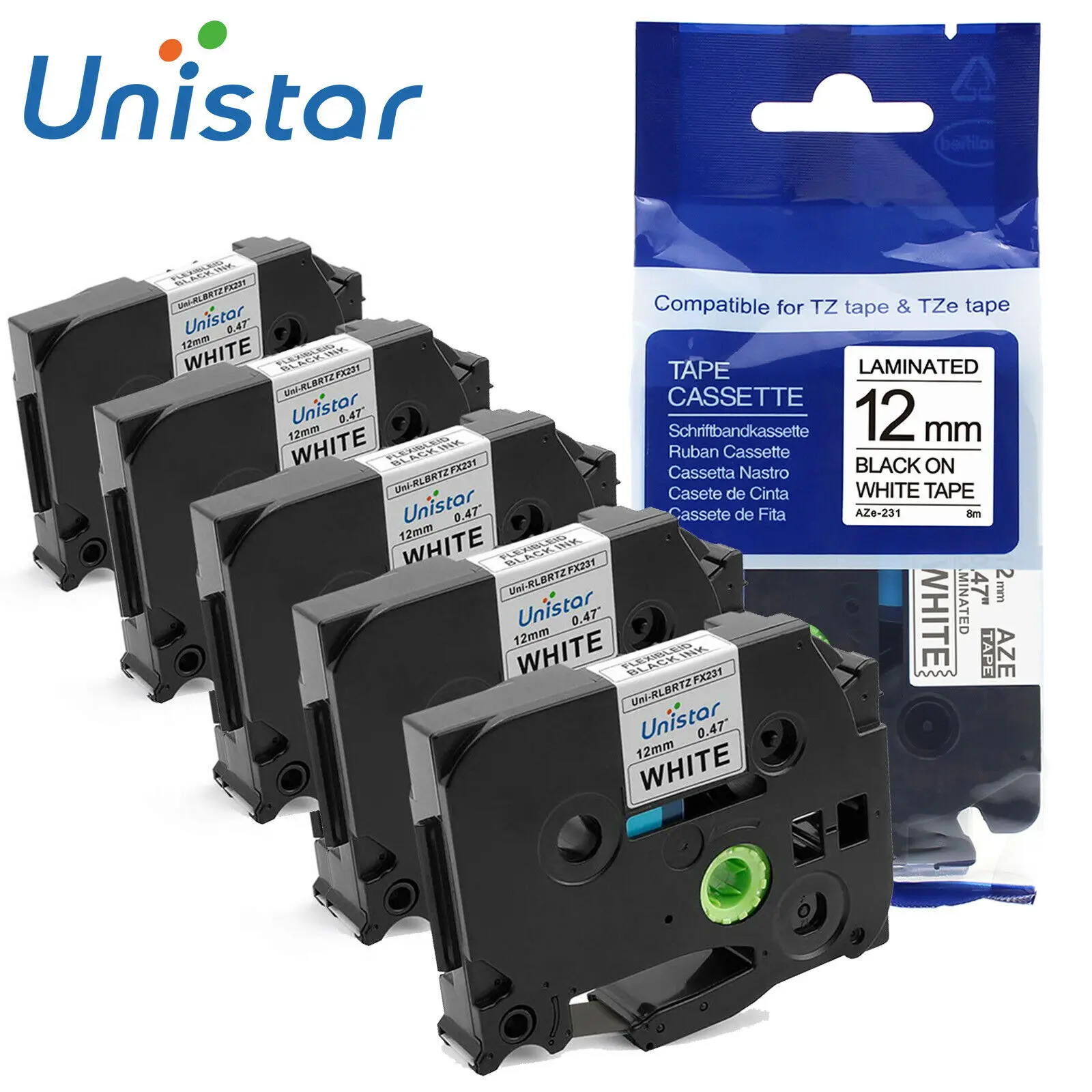 Ленты для принтера Unistar 5 шт./лот TZe231 лента этикеток 12 мм совместимая со