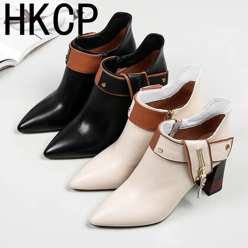 

High-heeled women's boots pointed color matching thick with female side zipper Martin boots buckle with women's shoes Z073