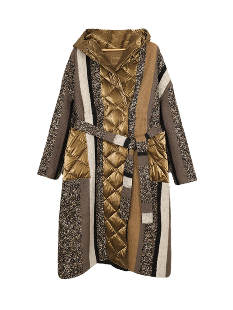 Winter wool Splice white duck down Coat Indie Folk Style Hooded Design luxury Colour matching Down jacket Women Coat S-L