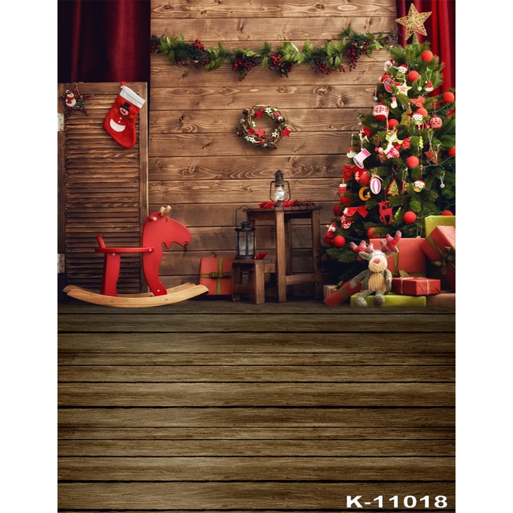 

Christmas Backdrop Wood Wall Wreath photography Backdrops Christmas Trees Red Sock Gift Family party Background Photobooth