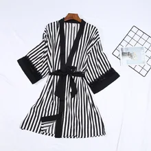 Feier 3 четверти рукав в полоску черно-белые шелковые женские одеяния Досуг Дамы Лето Осень Домашняя одежда минималистский пижамы