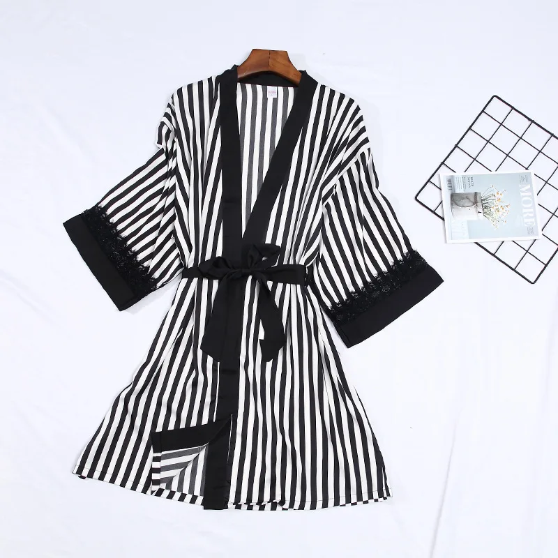

Feier 3 Quarter Sleeve Stripe Black and White Silk Women Robes 2019 Leisure Ladies Summer Autumn Home Wear Minimalist Sleepwear