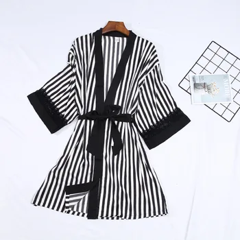 

Feier 3 Quarter Sleeve Stripe Black and White Silk Women Robes 2019 Leisure Ladies Summer Autumn Home Wear Minimalist Sleepwear