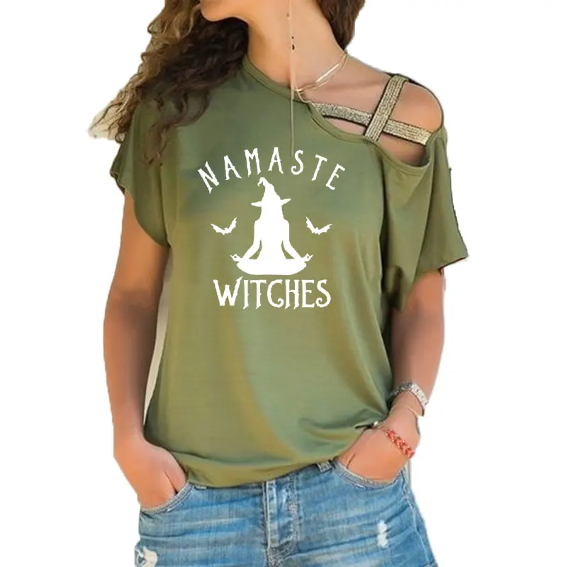 Футболка Namaste ведьмы, забавный подарок на Хэллоуин, футболка для женщин, модные, медитирующие, спящие, летучая мышь, футболки, неровные, крестообразные, бандажные Топы