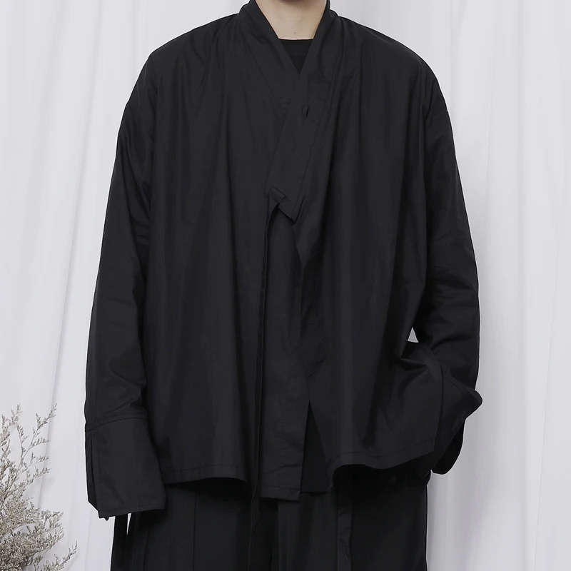 

Рубашка мужская с длинным рукавом, Повседневная блуза свободного покроя, на шнуровке, большой размер, черный цвет, весна-осень