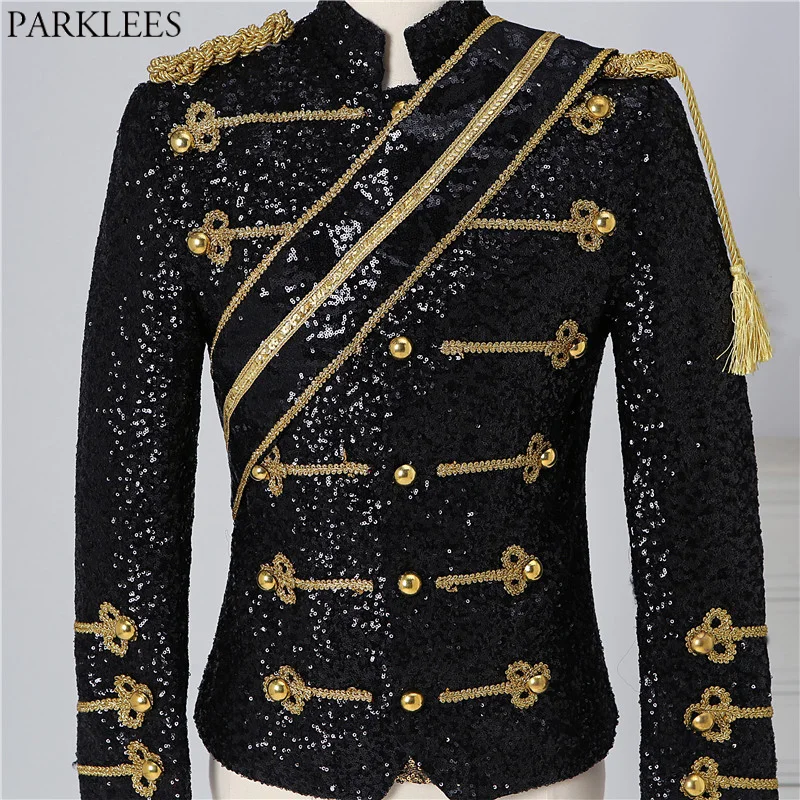 Mens Blazer Black Sequin Steampunk Stand Collar Tassel Design Nightclub Party Prom Rock and Roll 3XL mens blazer