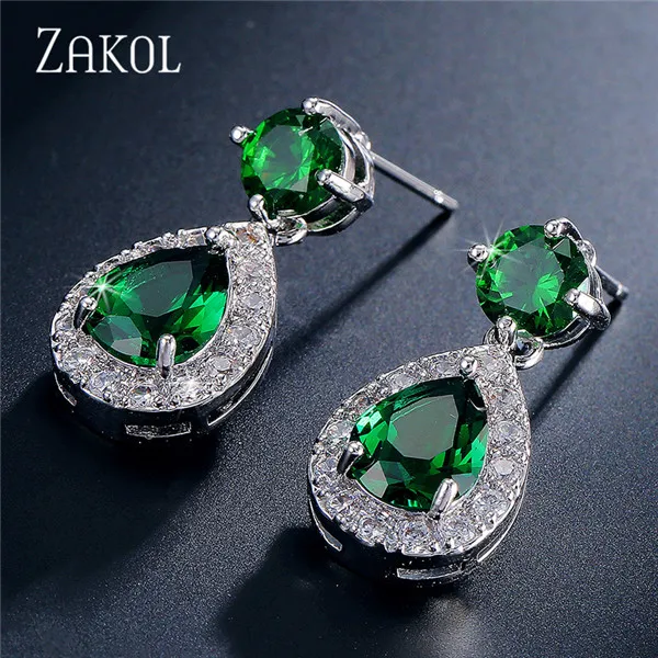Green ZAKOL классический желтый капли воды кубического циркония свадебные серьги для Для женщин девочек Мода CZ Кристал для свадьбы, помолвки ювелирные изделия FSEP387 - Окраска металла: Green
