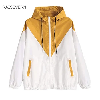 

RAISEVERN Women Autumn Big Size Jacket 2019 New Women's Color Matching Elastic Band Waist Hooded Casual Pocket Big Size Jacket
