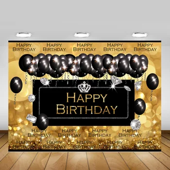 

Black and Gold Birthday Photography Backdrop Glitter Diamond Balloons Happy Birthday Adults Fabulous Party Banner Backdrops