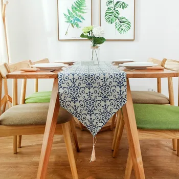 

Blue and White Porcelain Chinese Table Runner Porch Flag Tassels christmas decorations for home table