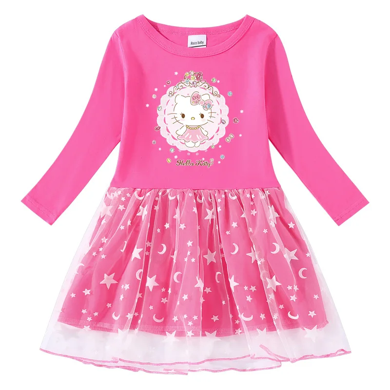 thumbnail image 1 of Hello Kitty lindo estampado de dibujos animados niños algodón moda plisada princesa vestido estrella Luna hilo neto manga larga casual niñas falda, 1 of 5