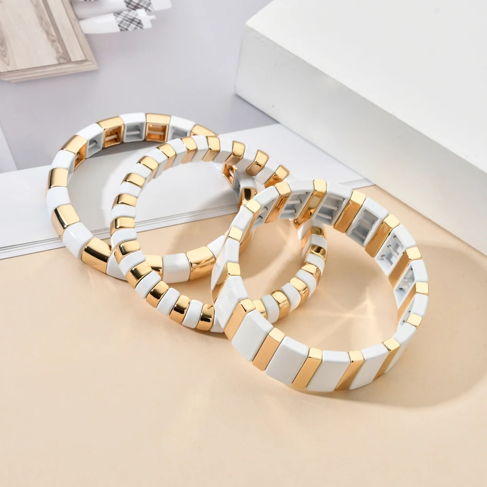 Enamel Metal Bohemian Tile Bracelet Stackable Stretch Bracelets Men Women Bracelet Jewelry