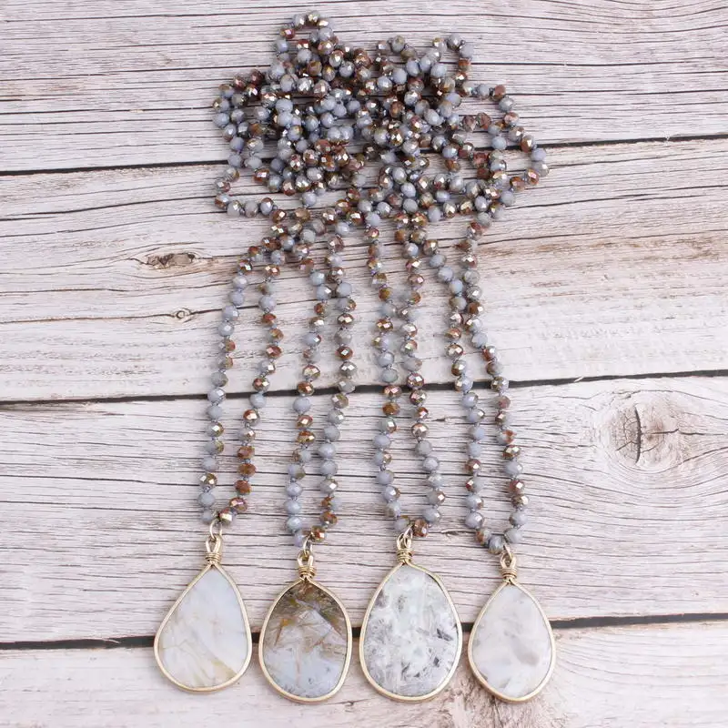 N5521 ZWPON Faceted Glass Beaded Knot Gold Filled Natural Stone Pendant Necklace for Women Long Beads Statement Necklace Jewelry