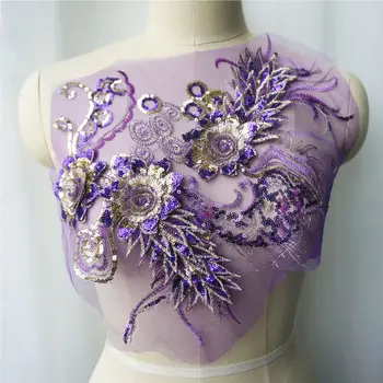 

Purple Lace Fabric Sequin 3D Flower Tassel Wedding Gown Appliques Embroidered Trims Collar Sew Patch For Dress DIY Decoration