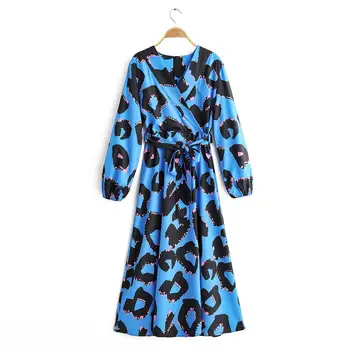 

2020 Women V Neck Lanter Sleeve Bow Sashes Kimono Midi Dress Female Totem Print Vestidos Chic Back Zipper Retro Dresses DS3370