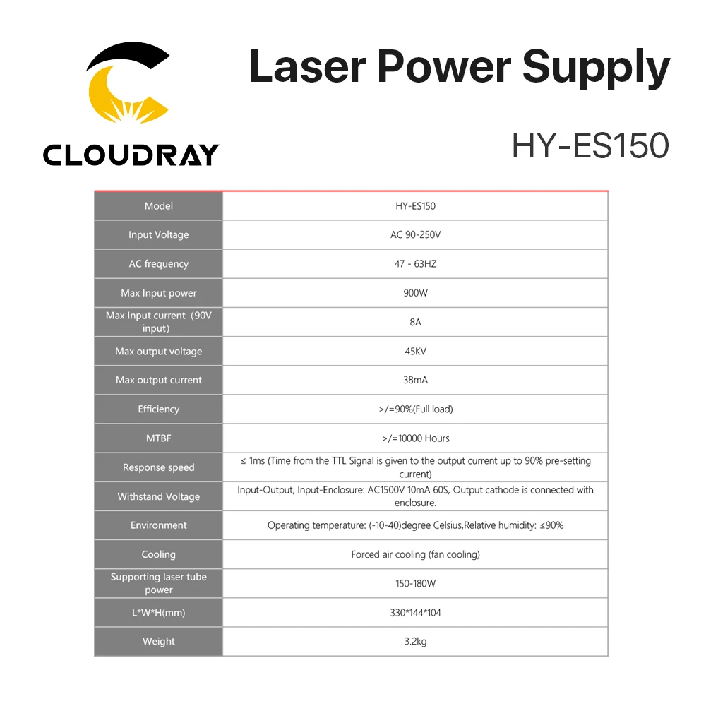 Cloudray 150 180 Вт CO2 лазерный источник питания для лазерной гравировки резки HY Es150 ES150 Es