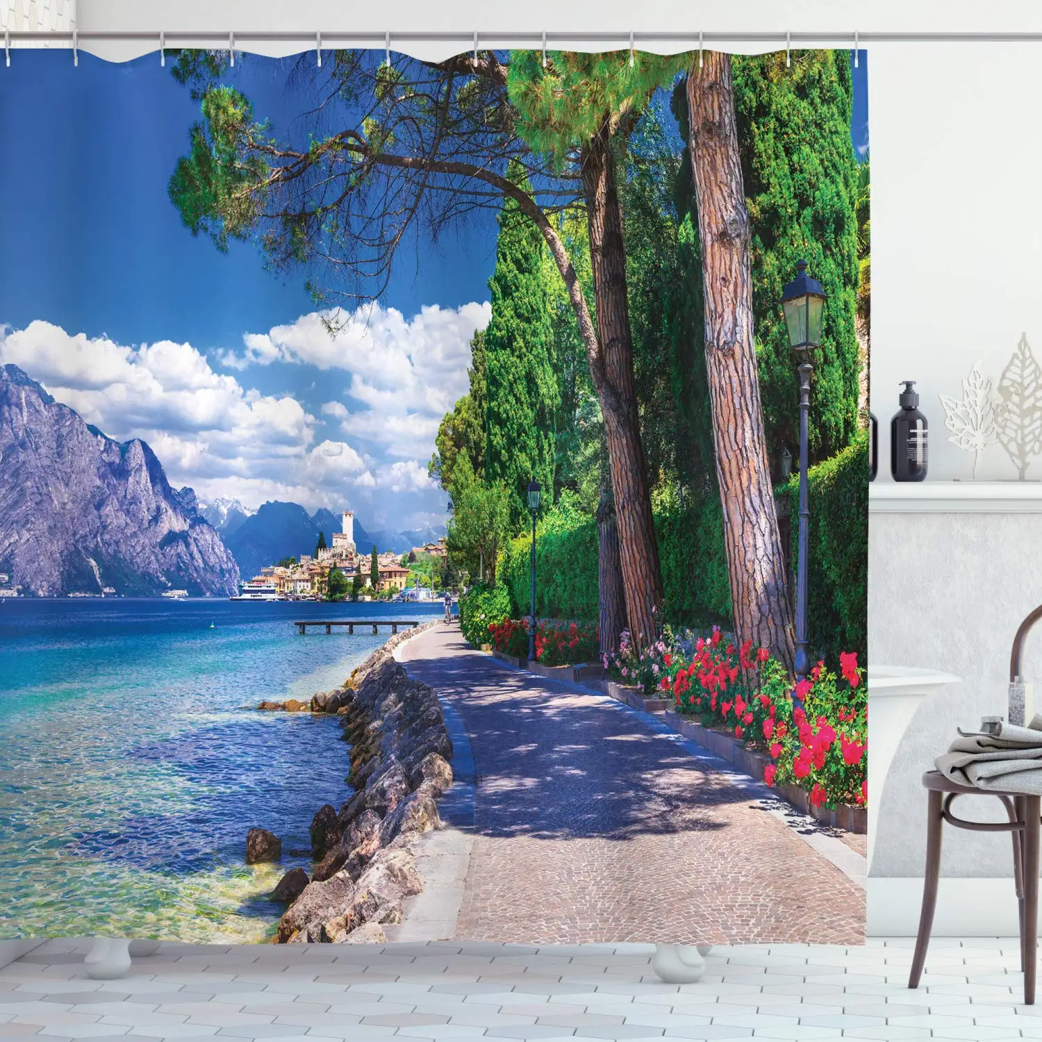 Ландшафтная занавеска для душа Scenic Lago di Garda Malcesine Италия каменная велосипедная
