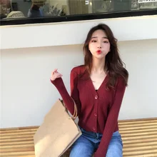 AAutumn New Knitted Cardigan Sweater V-Neck Soild Color Retro Chic Wild Long Sleeves Short Section Outerwear Tops Cardigan Women AAutumn New Knitted Cardigan Sweater V-Neck Soild Color Retro Chic Wild Long Sleeves Short Section Outerwear Tops Cardigan Women