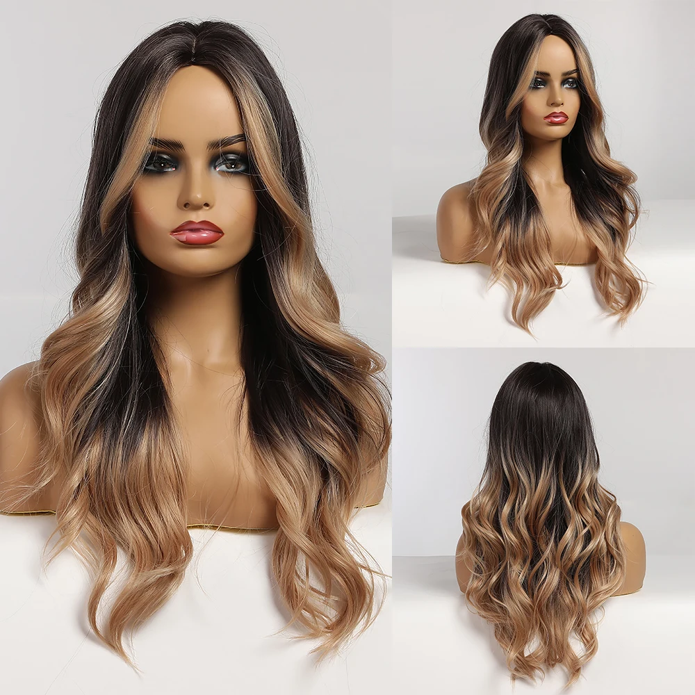Long Water Wavy Synthetic Wigs Ombre Brown Middle Part Natural Hair Wigs For Women Cosplay Wigs Heat Resistant Fiber