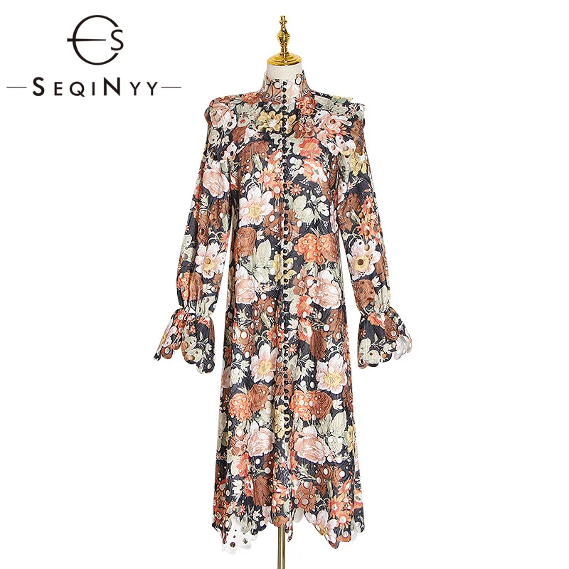 

SEQINYY High Quality Lace Dress 2020 Summer Spring New Fashion Design Women Flowers Blooming Print Long Sleeve Knee Dress