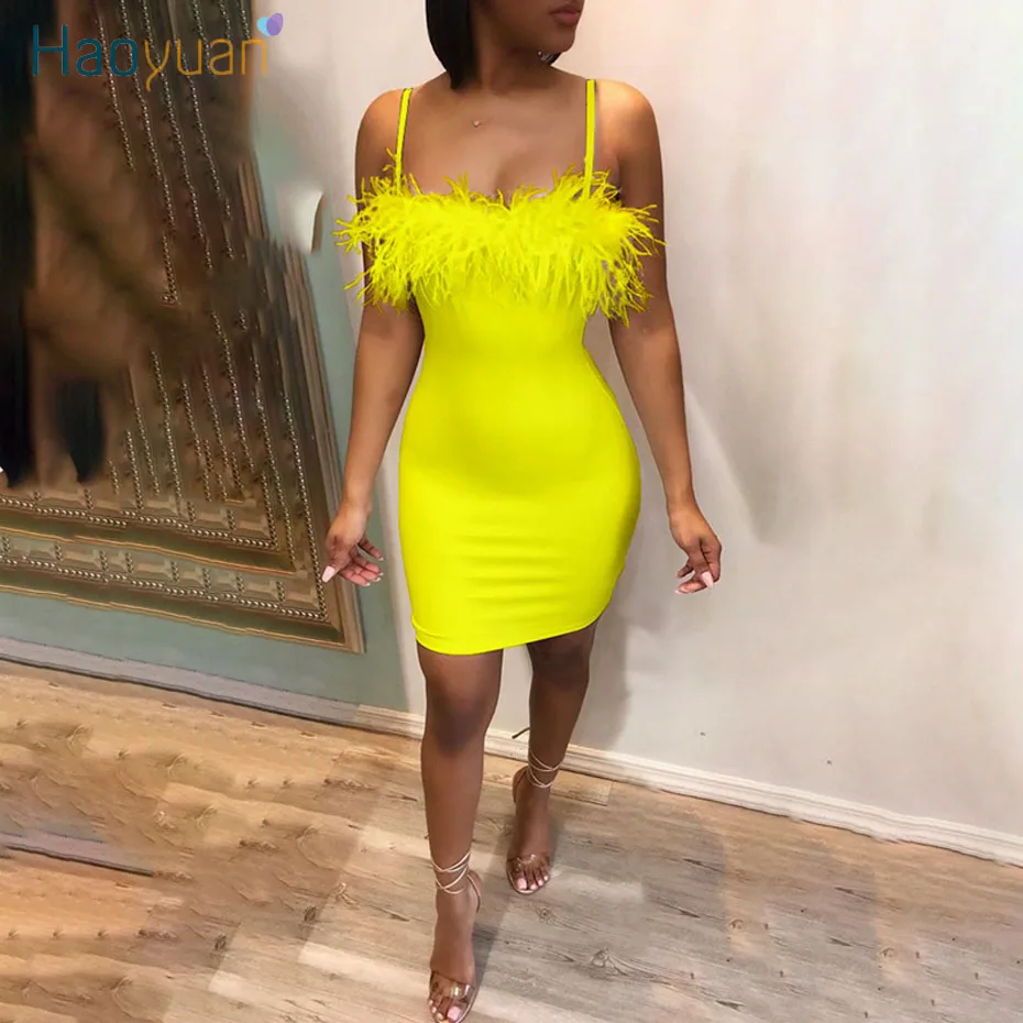 

HAOYUAN Sexy Feather Mini Dress Women New Summer Stretch Clother Backless Spaghetti Strap Bodycon Dresses Night Club Party Dress