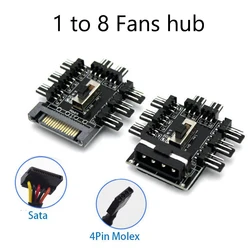Ventilateur Hub 1 à 8 3 broches Pwm Sata Molex, séparateur, câble d'extraction, alimentation 12V, refroidisseur, contrôleur de vitesse de refroidissement, adaptateur 4 broches/SATA 