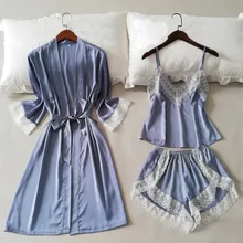 Пижама из 3 частей, женское сексуальное белье, кружевная Пижама, атласное нижнее белье с коротким рукавом, пижамный Комплект, кимоно, M-3XL, пижама