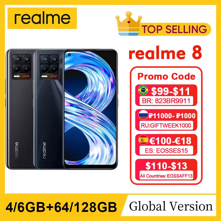 Realme 8 RMX3085 6 4 &quotFHD + безрамочный экран AMOLED 4GB 64GB 64MP AI Quad Камера Helio G95 Octa Core 5000 мА/ч 30W