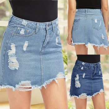 

Women's Summer Hole Denim Basic Pocket Jeans Skirt 2020 Casual Slim Mid Waist Light Distressed Mini A-Line Skirt Pencil Skirt